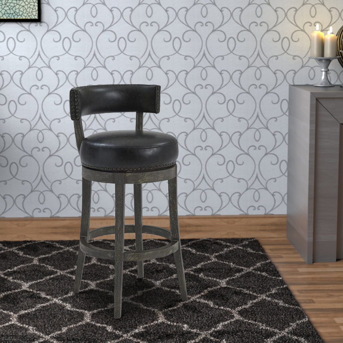 31 Inches Nailhead Trim Leatherette Swivel Barstool, Gray - BM236703