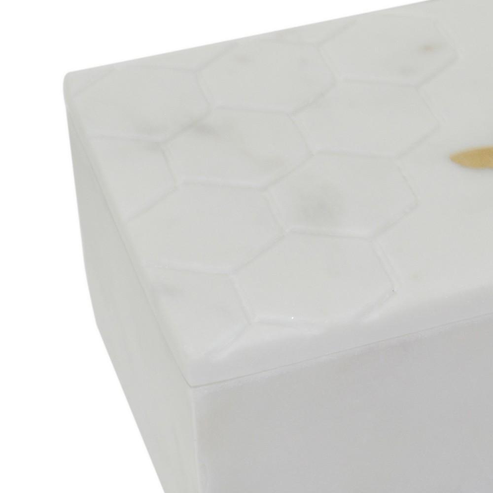 Rectangular Marble Box with Bee Accent and Hexagonal Patten, White - BM238157