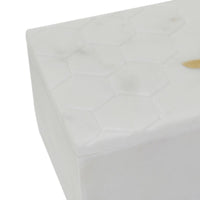 Rectangular Marble Box with Bee Accent and Hexagonal Patten, White - BM238157