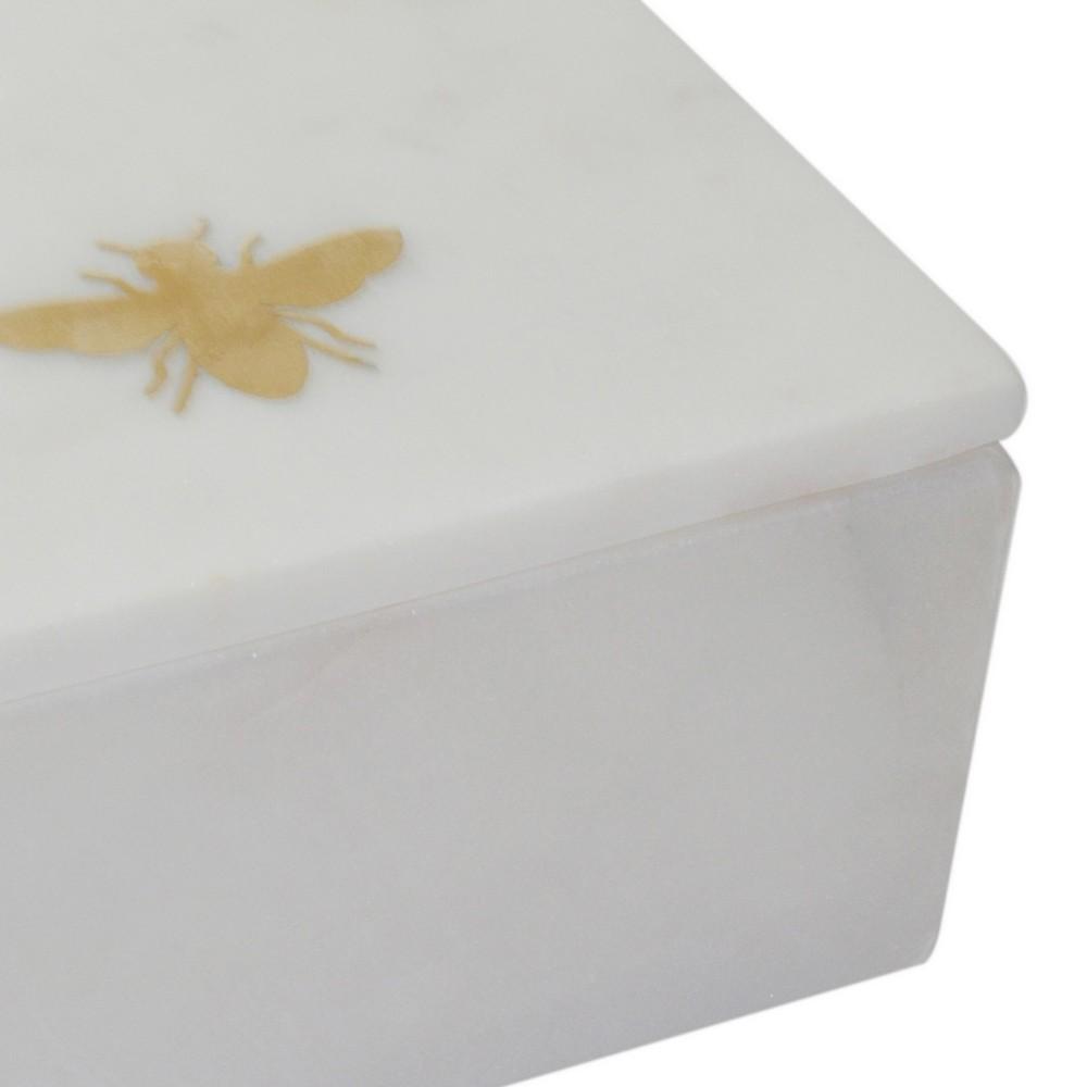Rectangular Marble Box with Bee Accent and Hexagonal Patten, White - BM238157