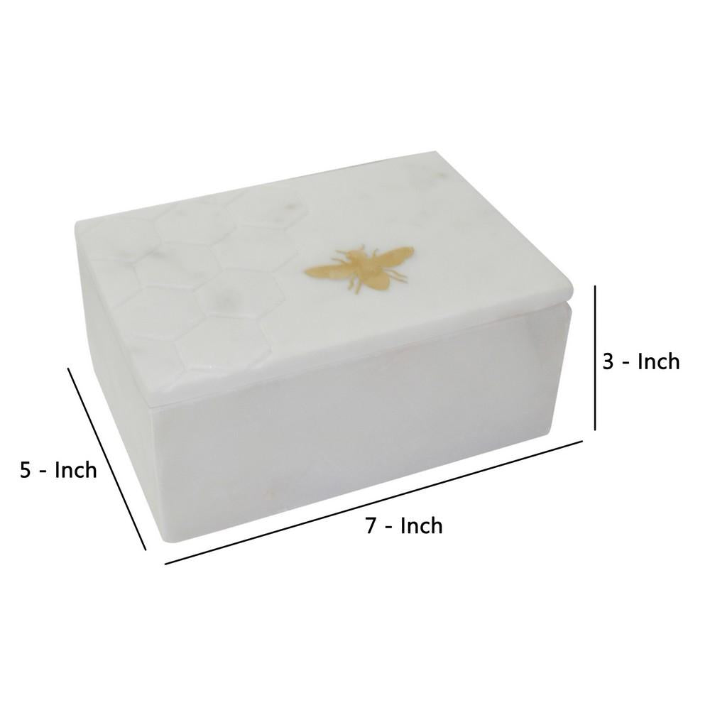 Rectangular Marble Box with Bee Accent and Hexagonal Patten, White - BM238157