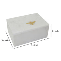 Rectangular Marble Box with Bee Accent and Hexagonal Patten, White - BM238157