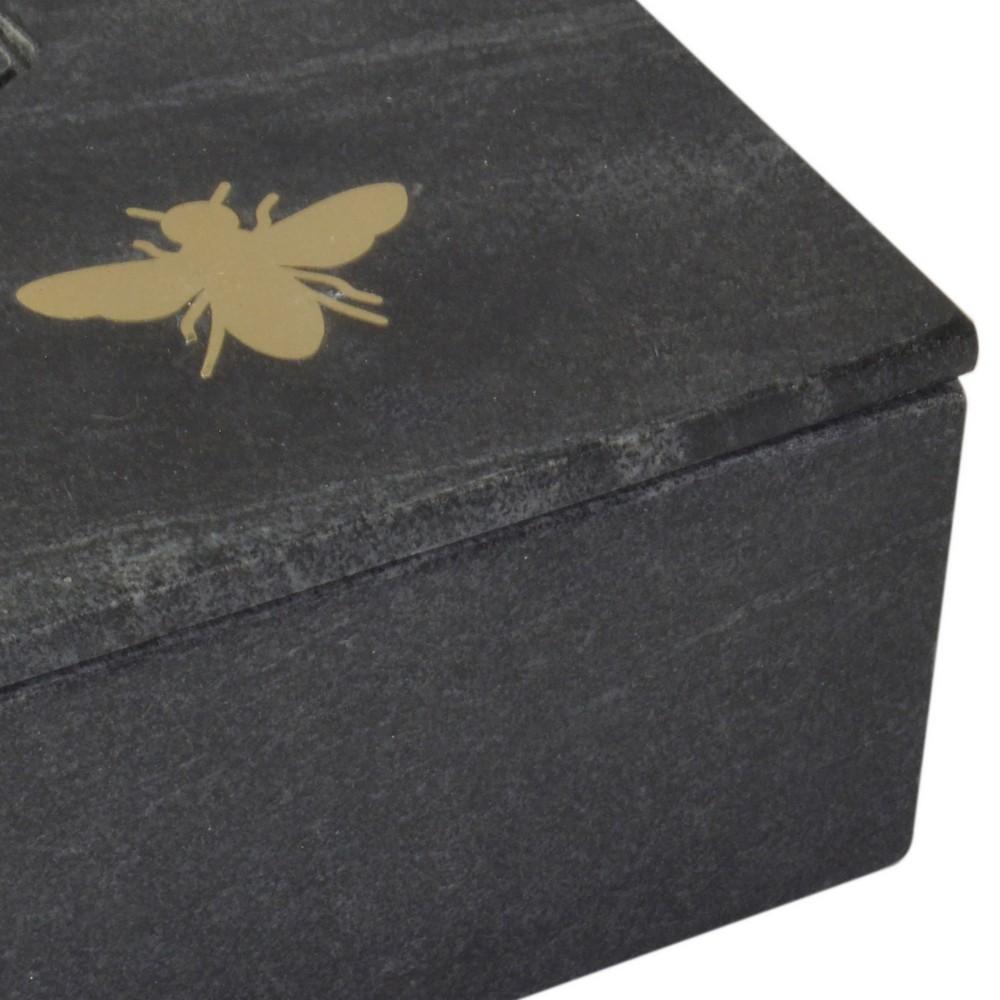 Rectangular Marble Box with Bee Accent and Hexagonal Patten, Black - BM238158