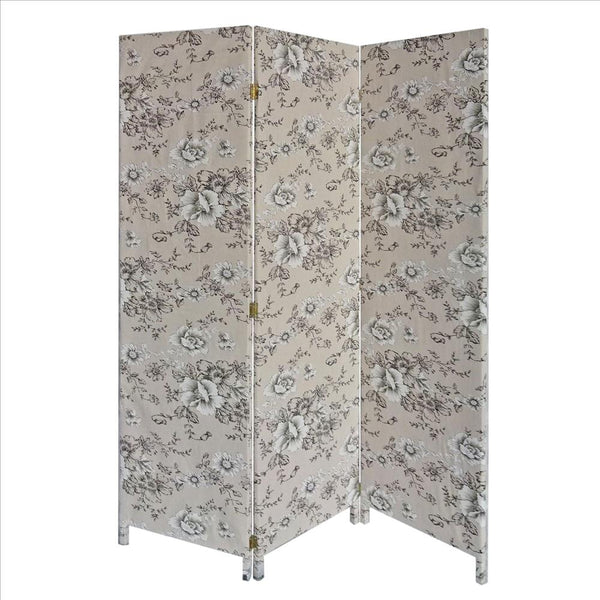71 Inch 3 Panel Fabric Room Divider with Floral Print, Gray - BM238281