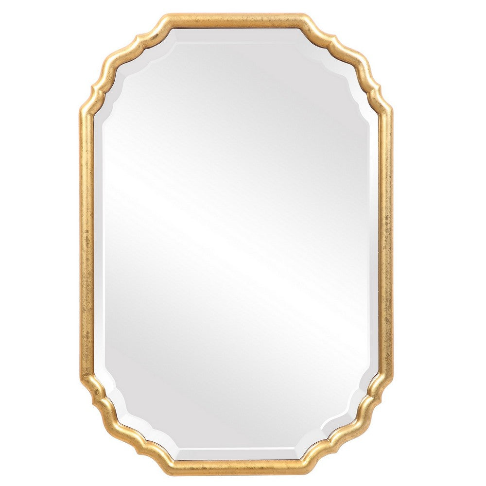 32 Inches Curved Design Wooden Vanity Mirror, Gold - BM239363