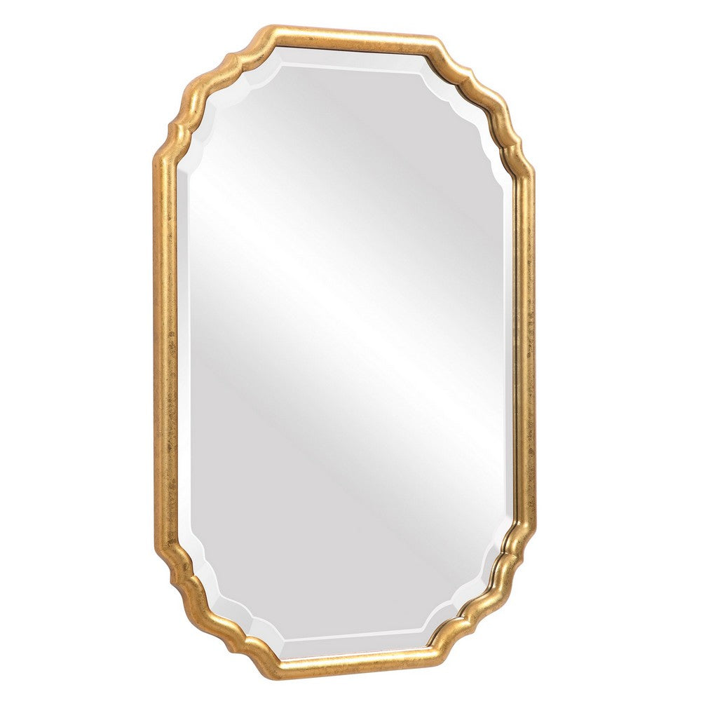32 Inches Curved Design Wooden Vanity Mirror, Gold - BM239363