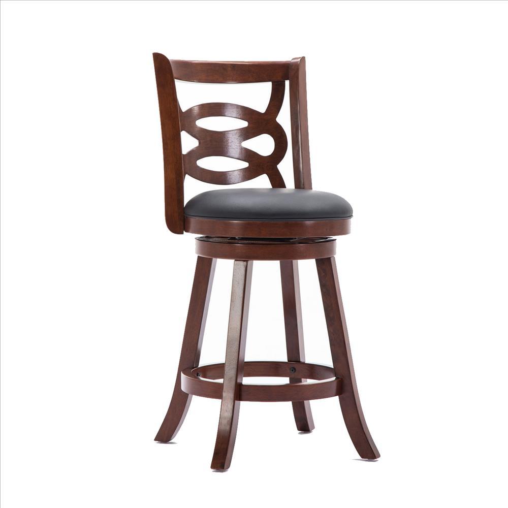 24 Inches Swivel Wooden Counter Stool with Geometric Back, Brown - BM239710