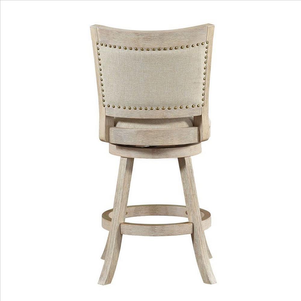 Curved Back Wood Swivel Counter Stool, Nailhead Trim, Driftwood Wire-Brush, Ivory - BM239738