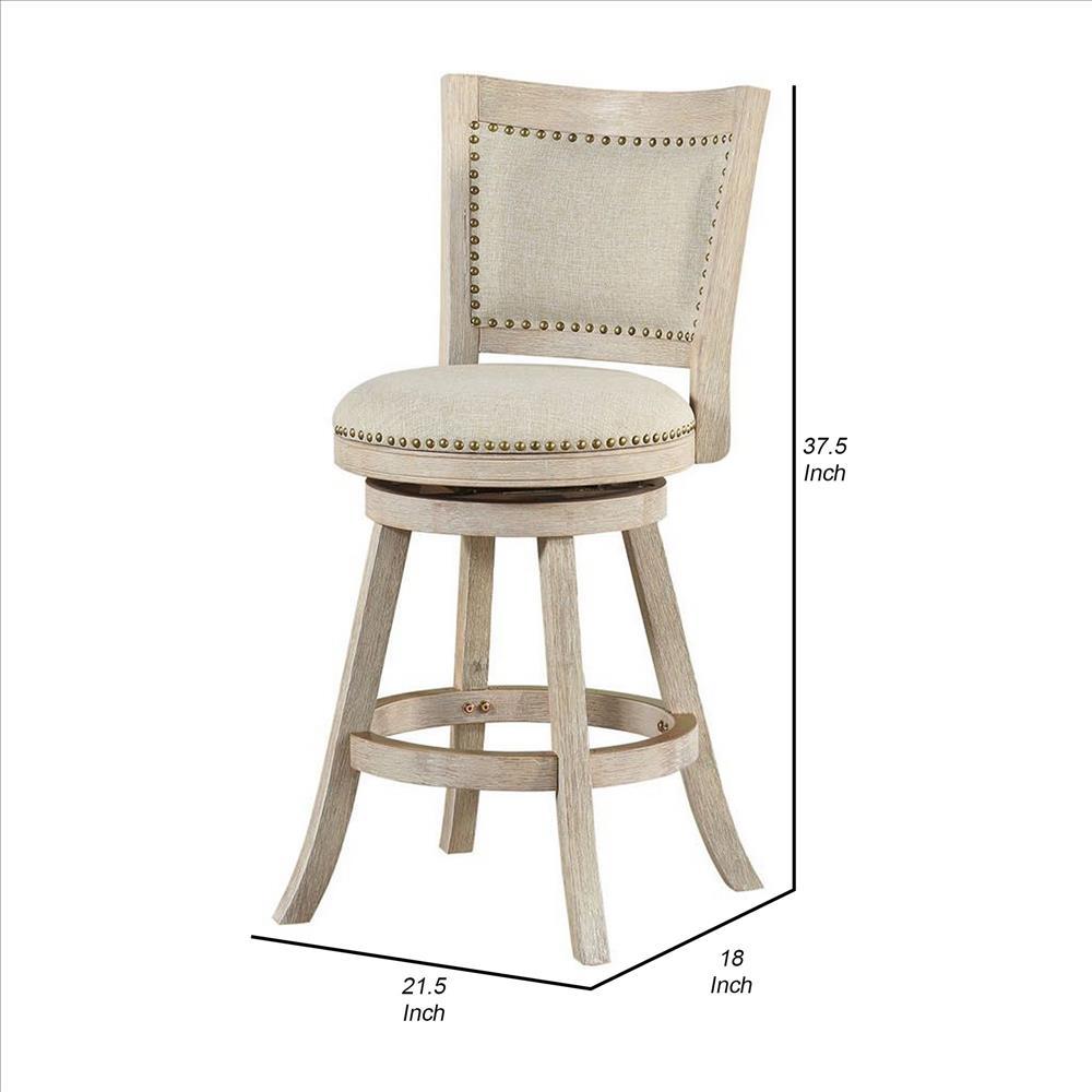 Curved Back Wood Swivel Counter Stool, Nailhead Trim, Driftwood Wire-Brush, Ivory - BM239738