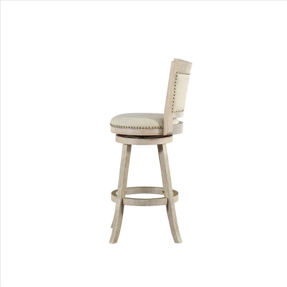 29 Inch Curved Back Wooden Swivel Bar Stool with Nailhead Trim, Gray - BM239739