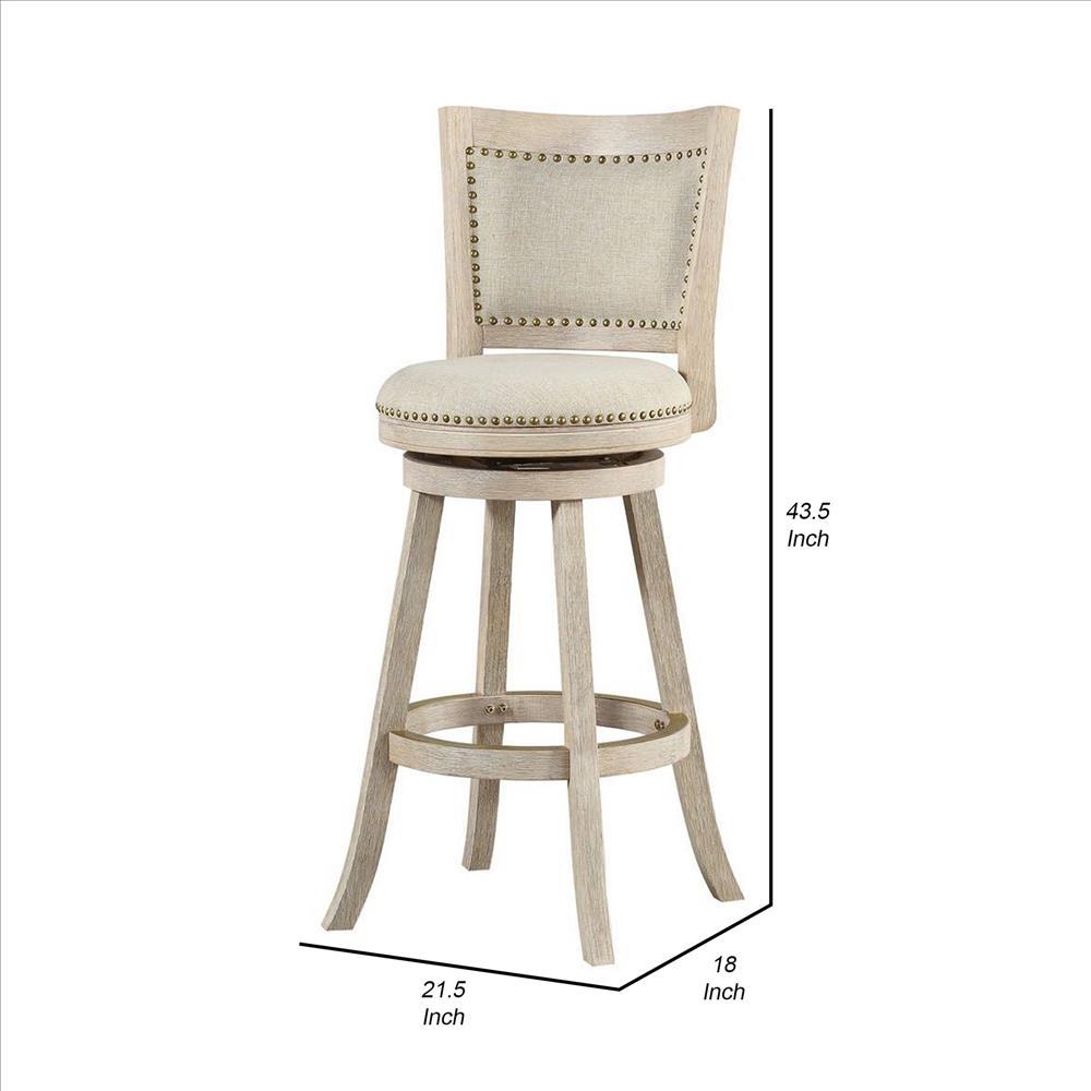 29 Inch Curved Back Wooden Swivel Bar Stool with Nailhead Trim, Gray - BM239739