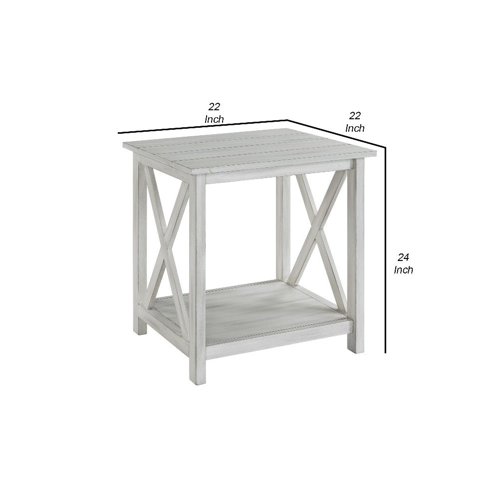 1 Open Shelf Wooden End Table with X Shaped Accents, White - BM239762