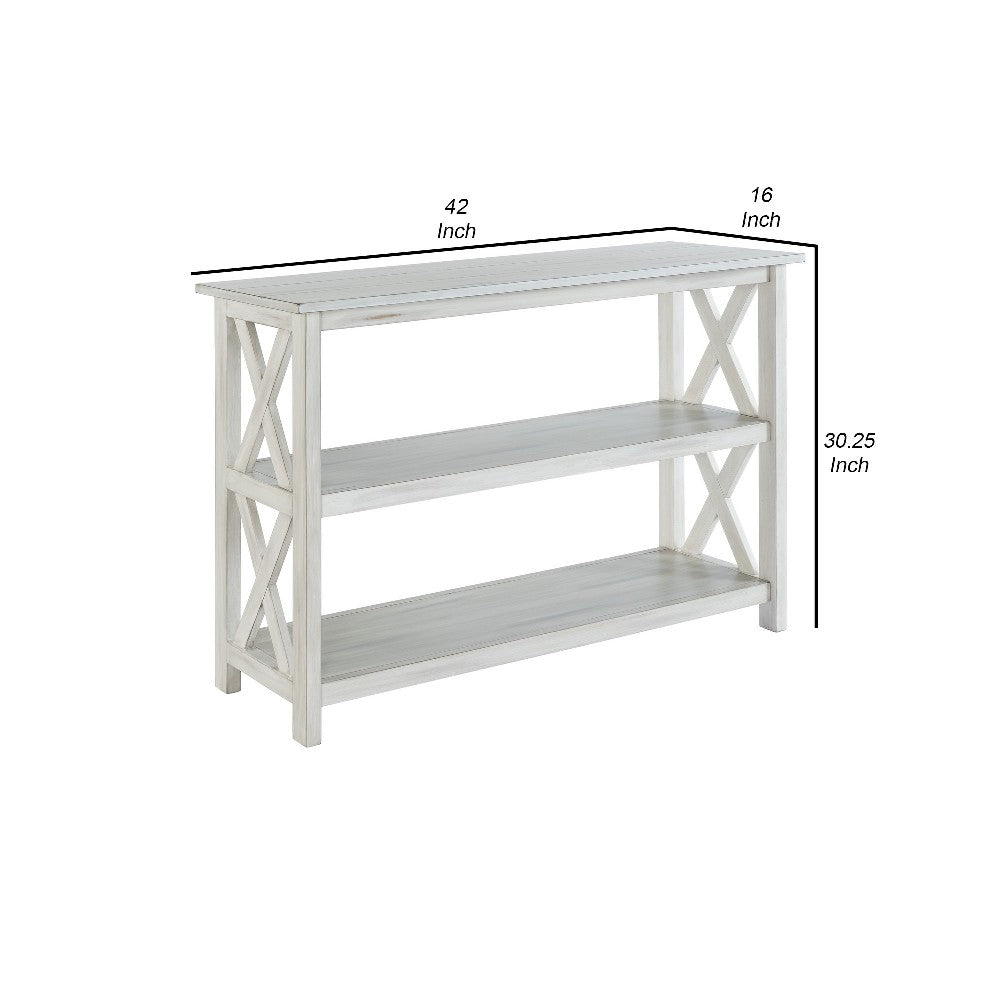 2 Shelf Wooden Entryway Table with X Shaped Accent, White - BM239763