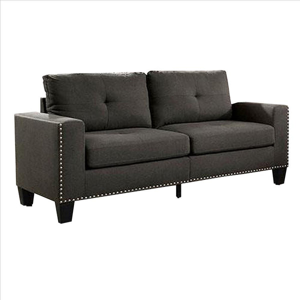 Fabric Upholstered Sofa with Track Arms and Nailhead Trim, Dark Gray - BM239784