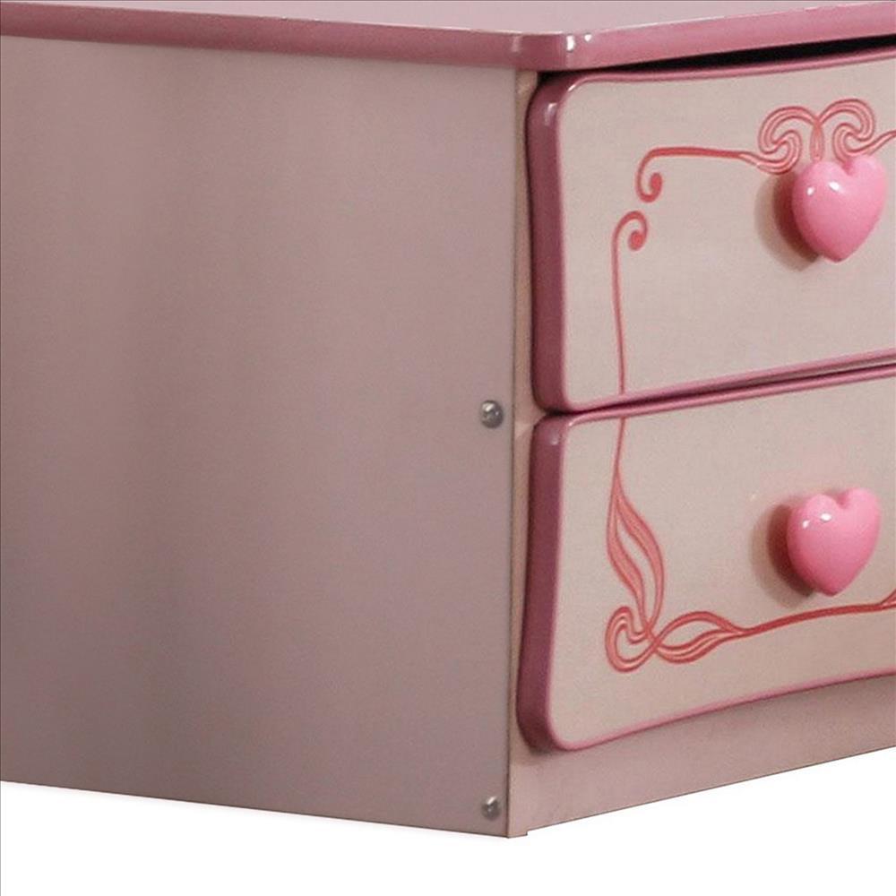 2 Drawer Wooden Nightstand with Heart Knob Pulls, Pink - BM239802