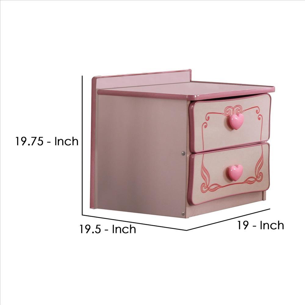 2 Drawer Wooden Nightstand with Heart Knob Pulls, Pink - BM239802