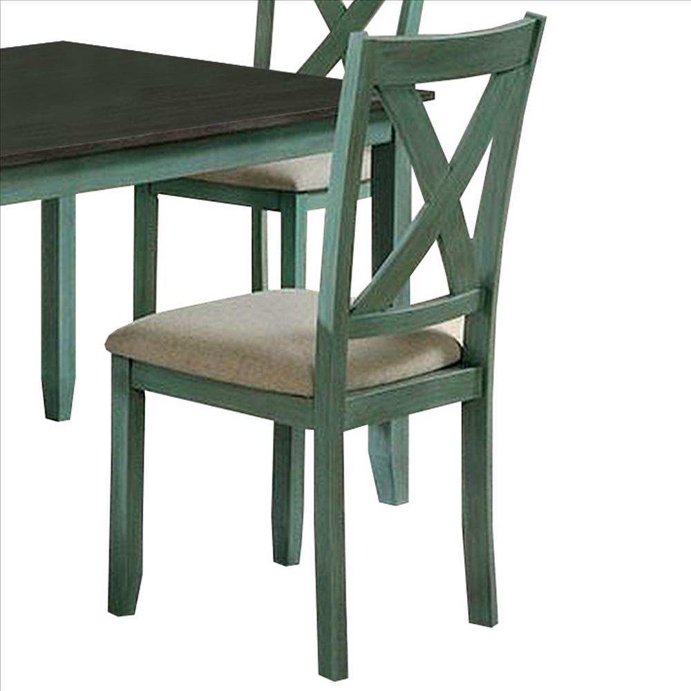 5 Piece Dining Table Set with Padded Seat, X Back, Distressed, Green, Gray - BM239814