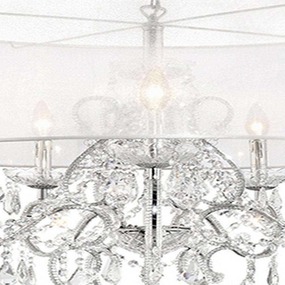32 Inch Ceiling Lamp with Hanging Crystals, Round Canopy, Silver - BM240301