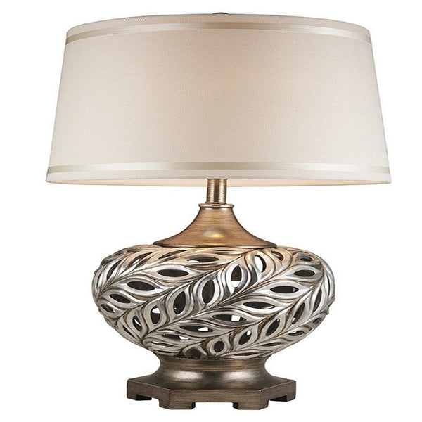Table Lamp with Scrolled Peacock Feather Cutout Base, Silver - BM240303