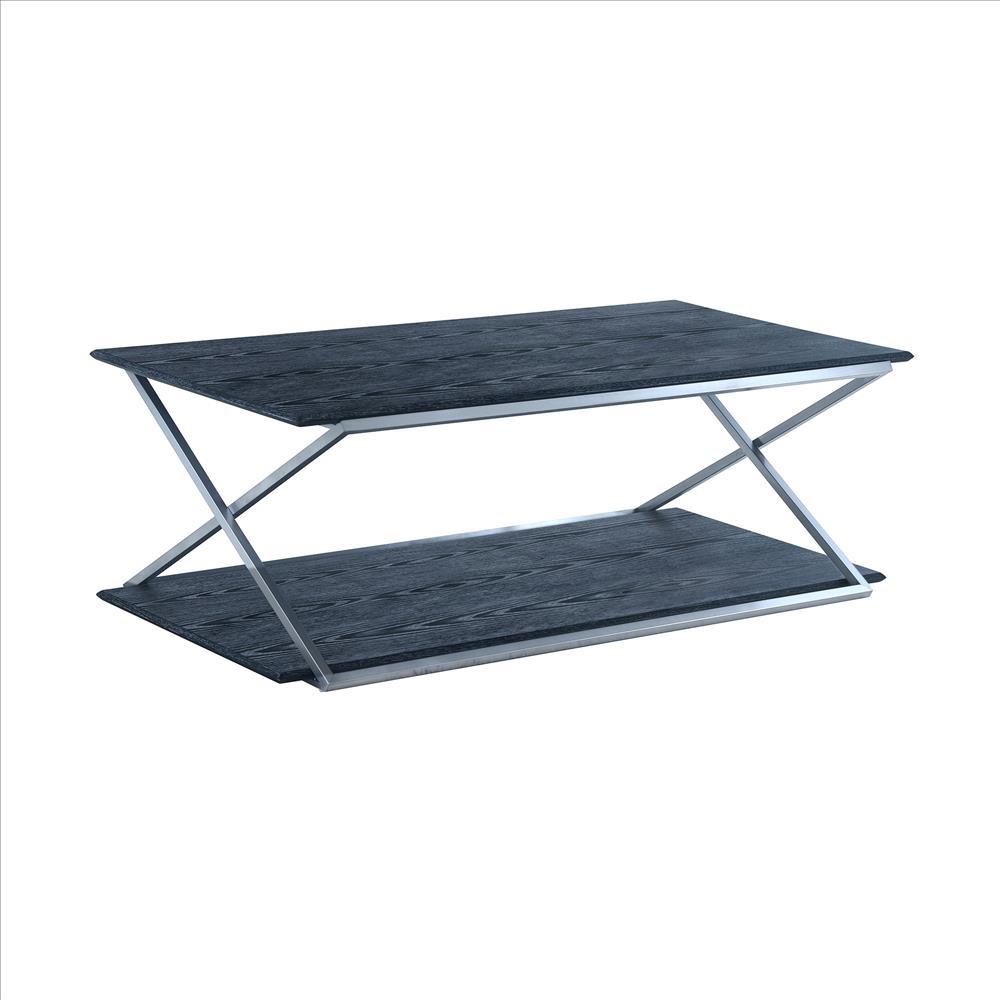 51 Inch Metal Coffee Table with Open Shelf, Gray and Silver - BM240730