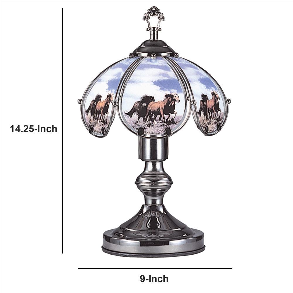 14.25'' Umbrella Shade Glass Table Lamp with Running Horses Print, Silver - BM240856