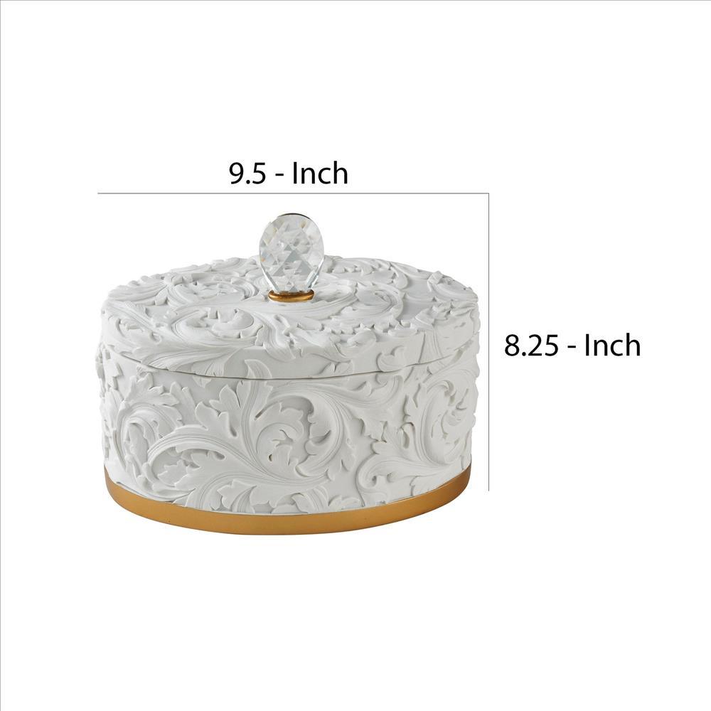 Jewelry Box with Baroque Scroll Design and Crystal Accent, White - BM240880