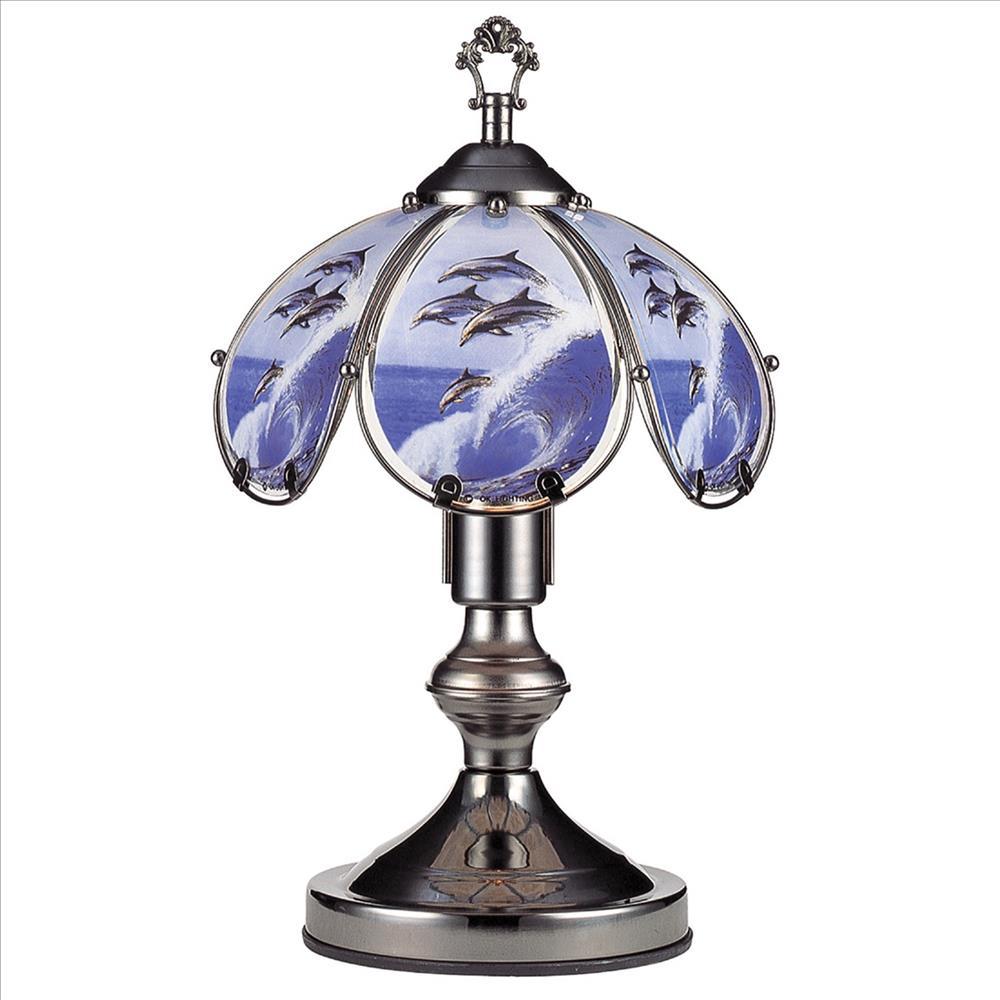 Umbrella Shade Glass Table Lamp with Dolphin Print, Silver - BM240942