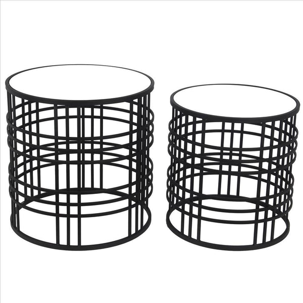 Mirrored Top Round Accent Table with Open Base, Set of 2, Black - BM241052