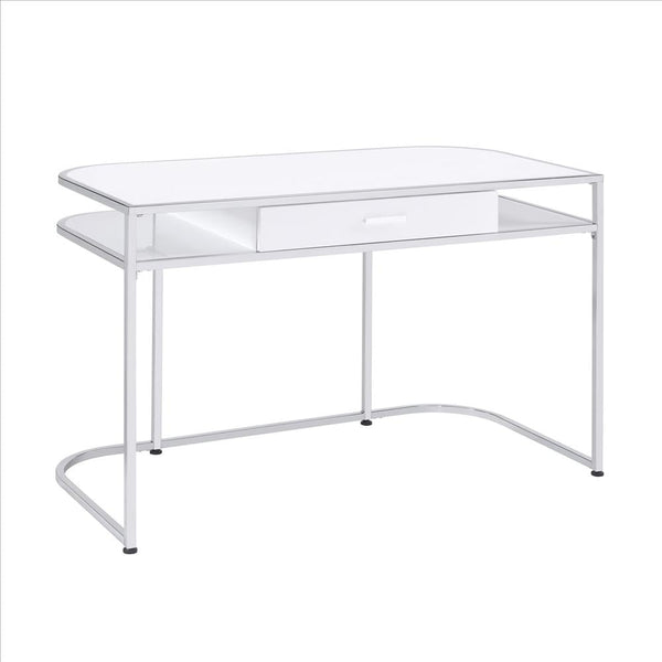 Writing Desk with 1 Drawer and 2 Compartments, White and Chrome - BM242022