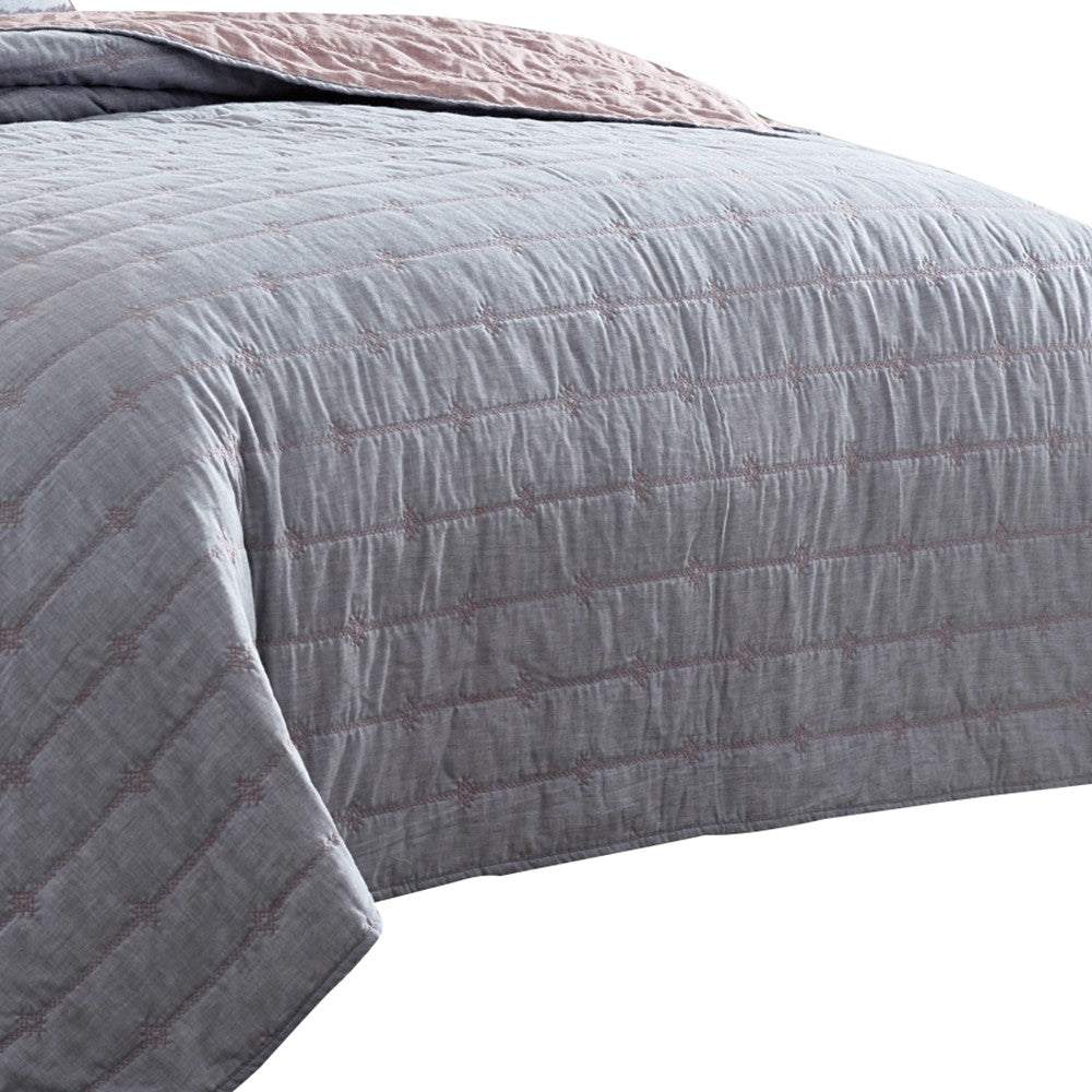 Veria 3 Piece Queen Quilt Set with Channel Stitching Gray and Pink - BM249994