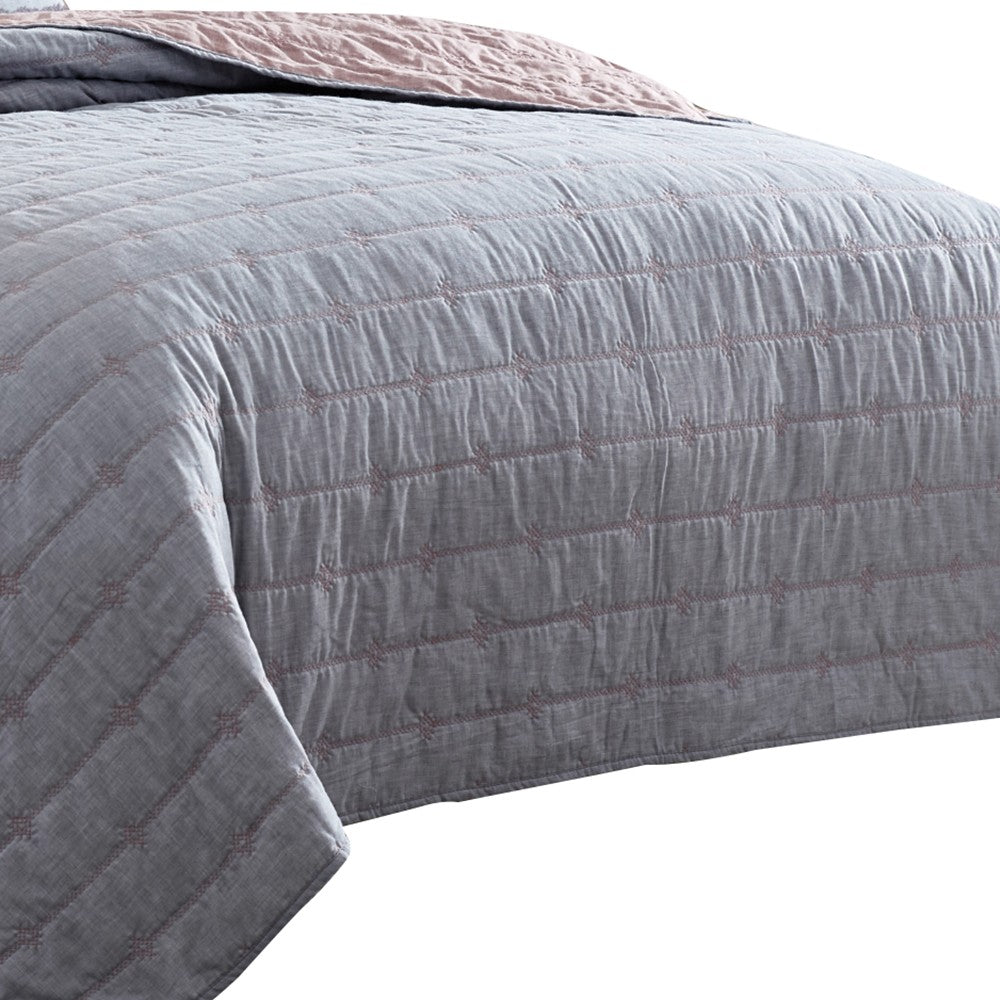 Veria 3 Piece King Quilt Set with Channel Stitching Gray and Pink - BM249995