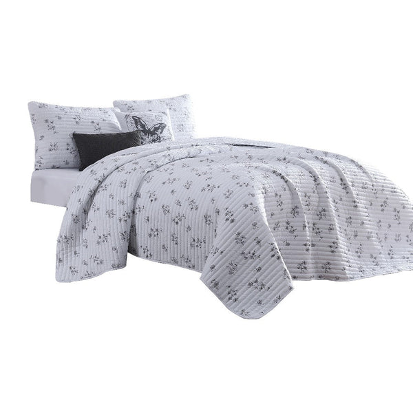 Veria 5 Piece King Quilt Set with Floral Print The Urban Port, White and Gray - BM250009