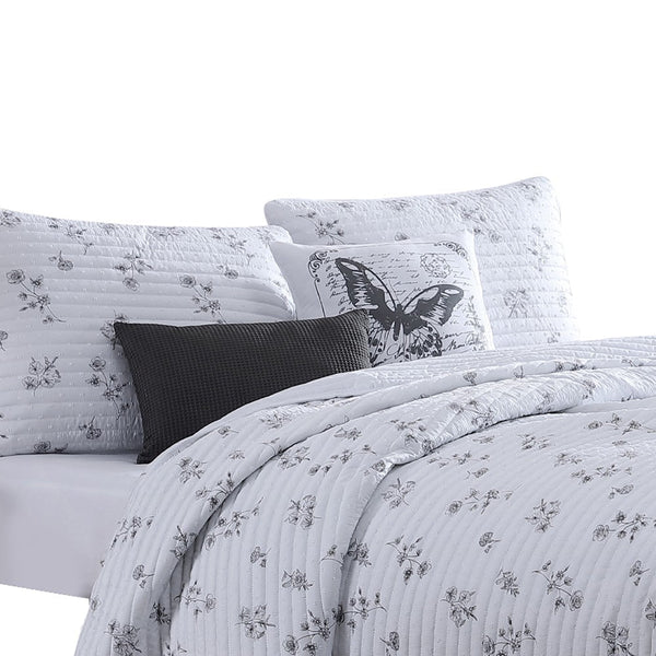 Veria 5 Piece King Quilt Set with Floral Print  White and Gray - BM250009