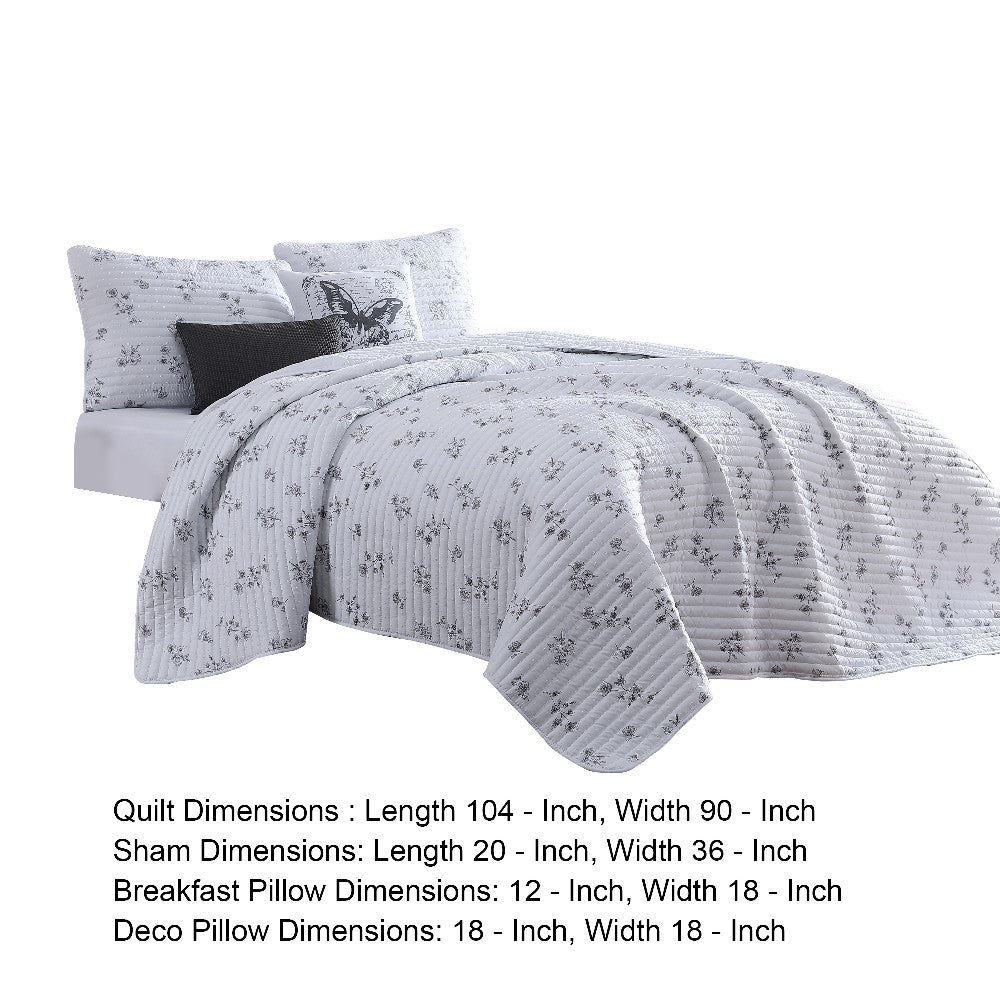 Veria 5 Piece King Quilt Set with Floral Print The Urban Port, White and Gray - BM250009