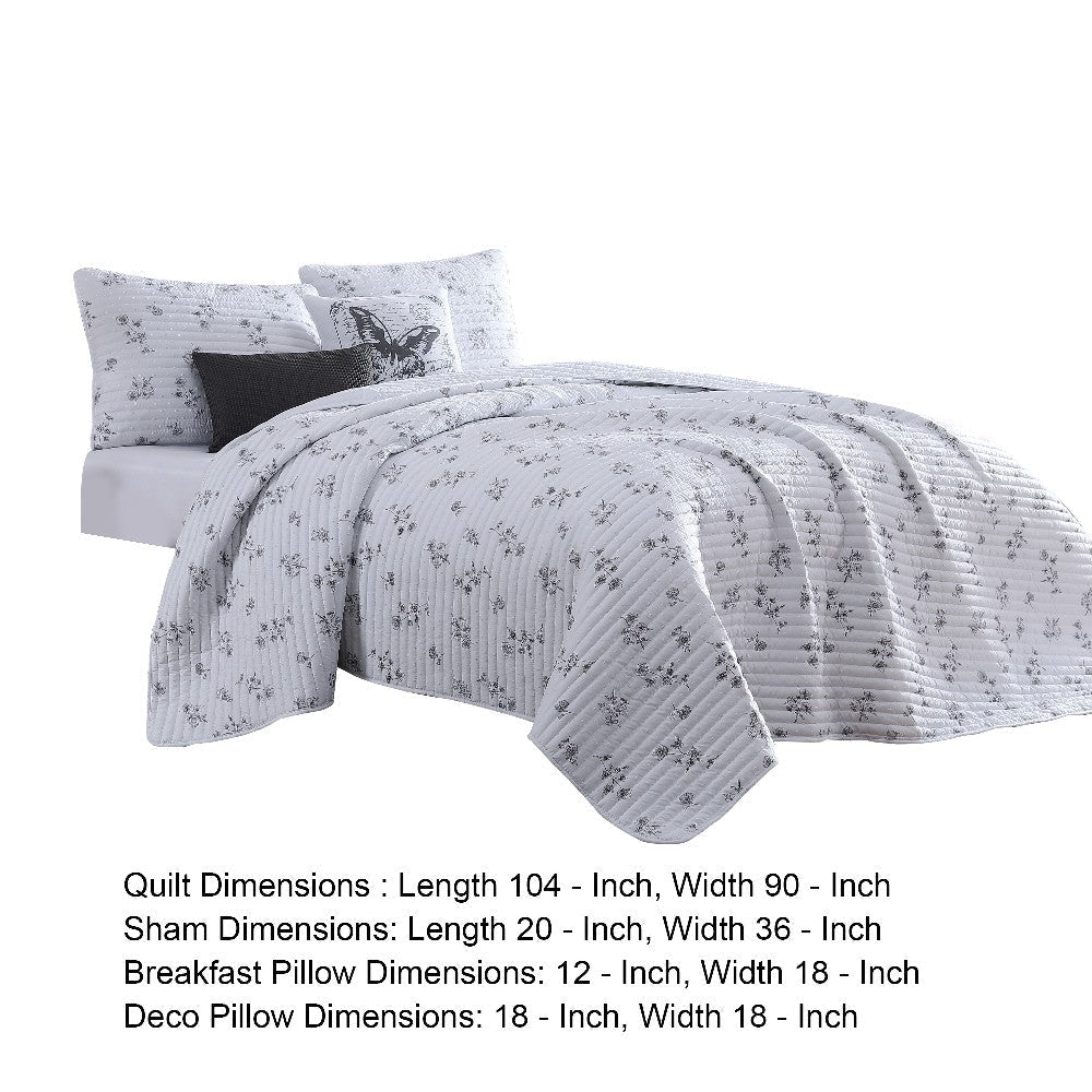 Veria 5 Piece King Quilt Set with Floral Print  White and Gray - BM250009
