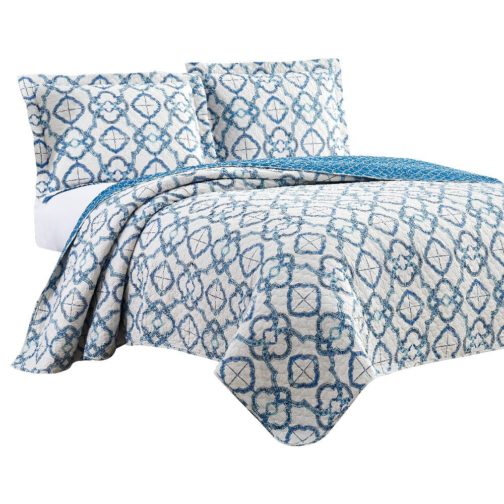 Veria 3 Piece Queen Quilt Set with Embroidery The Urban Port, White and Blue - BM250133