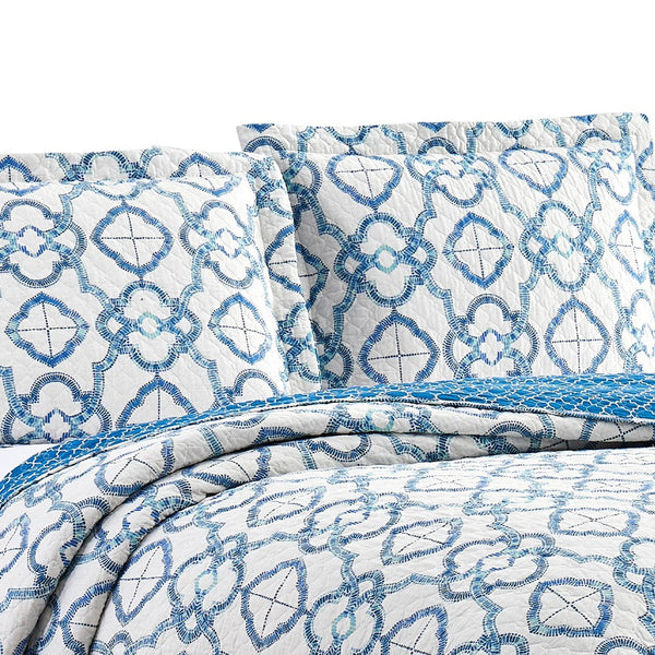 Veria 3 Piece Queen Quilt Set with Embroidery The Urban Port, White and Blue - BM250133