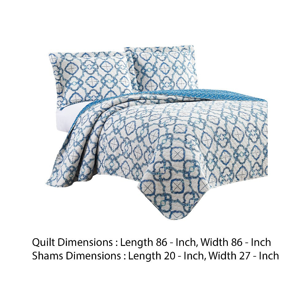 Veria 3 Piece Queen Quilt Set with Embroidery The Urban Port, White and Blue - BM250133