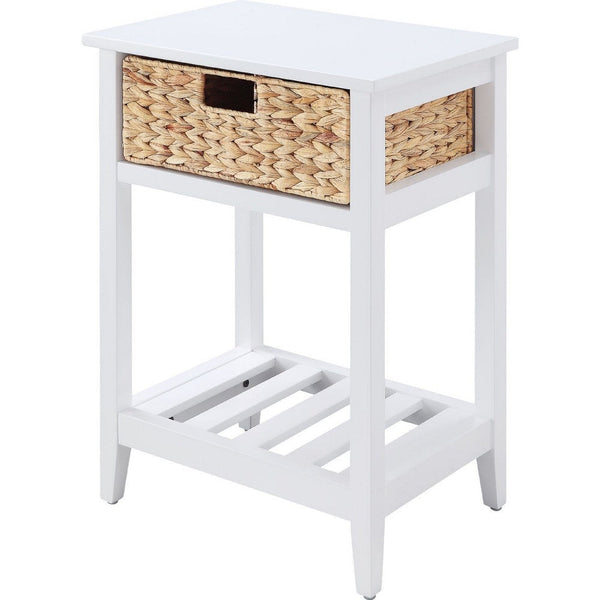 MDF Accent Table with Rattan Storage Basket and Slatted Shelf, White - BM250229