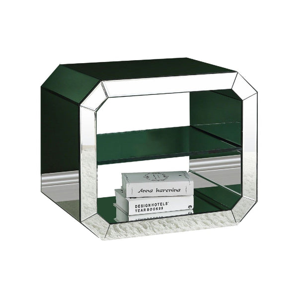 Accent Table with Mirrored Inserts and 1 Glass Shelf, Silver - BM250271