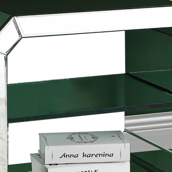 Accent Table with Mirrored Inserts and 1 Glass Shelf, Silver - BM250271