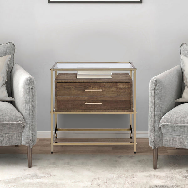 Accent Table with 2 Drawers and Metal Frame Glass Top, Brown and Gold - BM250320