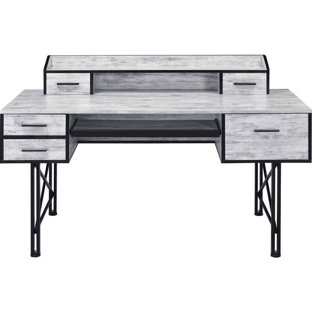 Computer Desk with 5 Drawers and Grains, Antique White and Black - BM250379