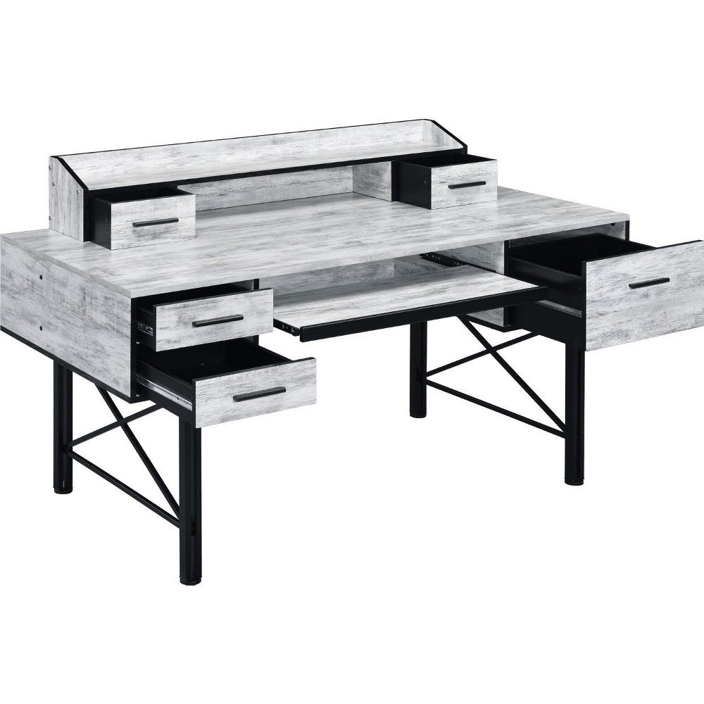 Computer Desk with 5 Drawers and Grains, Antique White and Black - BM250379