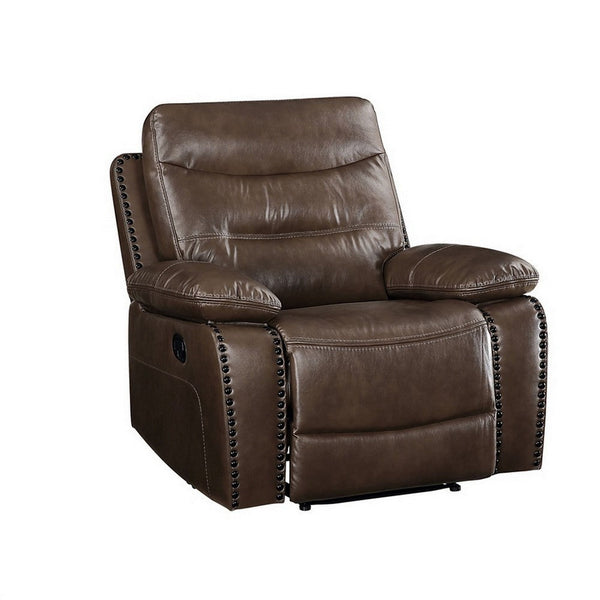 Leatherette Power Recliner with Nailhead Trim Accent, Brown - BM250552