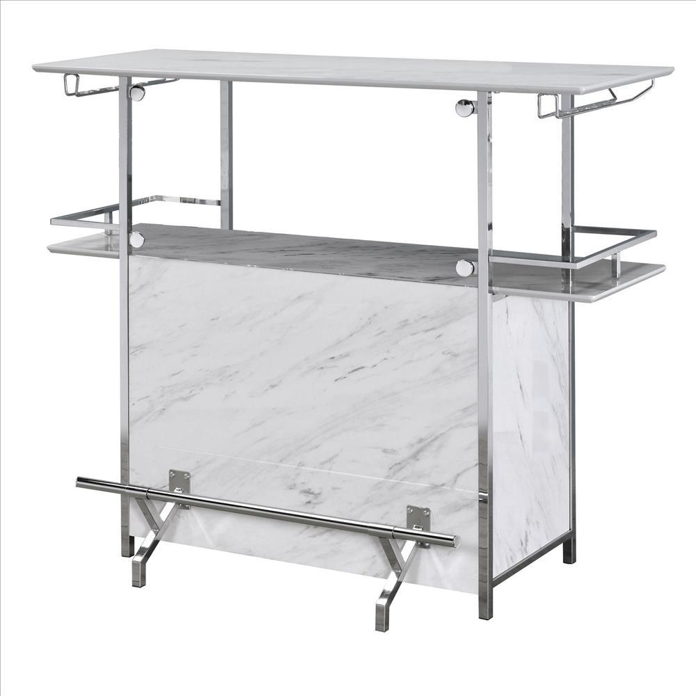 Bar Table with Faux Marble and Chrome Finish, White and Silver - BM253019