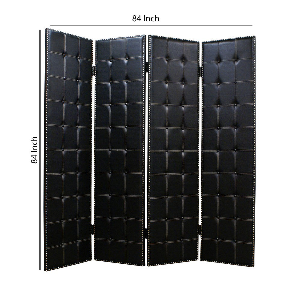 Wooden 4 Panel Screen with Button Tufting and Nailhead Trims, Black - BM26463