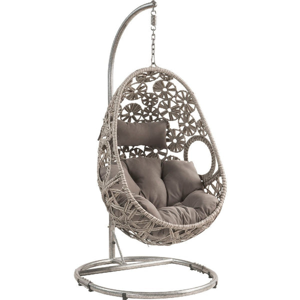 Patio Hanging Chair with Open Circular Motifs and Wicker Frame, Gray - BM269035