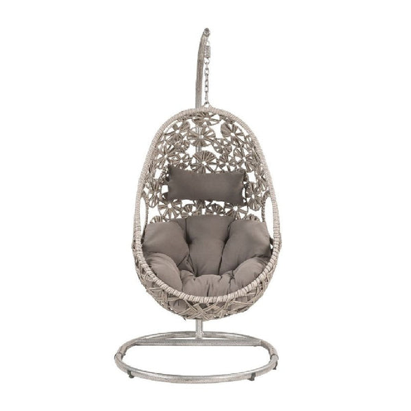 Patio Hanging Chair with Open Circular Motifs and Wicker Frame, Gray - BM269035