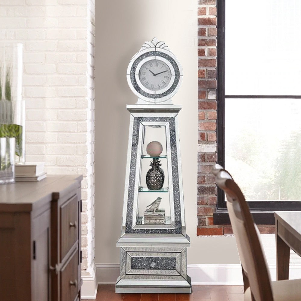 Mirrored Grandfather Clock with 3 Open Compartments, Silver - BM269090